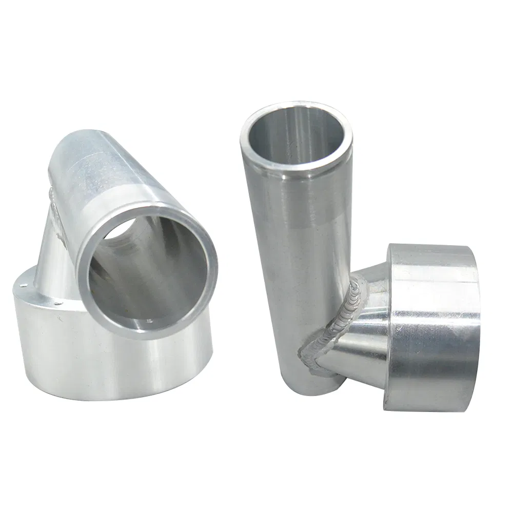 Conector de Tubo TIG Soldado Mangas Usinadas de Alumínio Uso Pesado 4 Vista frontal-superior de dois conectores de tubo emparelhados mostrando alinhamento de rosca correspondente