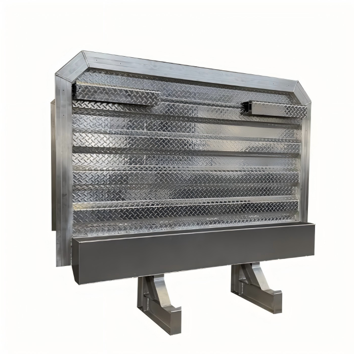 Angle arrière trois-quarts du garde de cabine de semi-remorque mettant en évidence les supports de montage et les barres de protection latérales