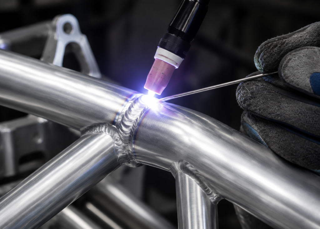 Reliable Aluminum Motorcycle Frame Welding: What Experienced Buyers Should Know Before Choosing a Supplier 2 Aluminum Motorcycle Frame Close-Up Showing Clean Welds, Tube Joints, and Precision Fabrication